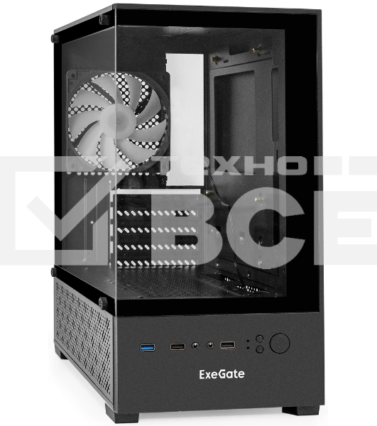 Компьютерный корпус Minitower ExeGate i3 SEA (mATX, без БП, 1*USB+1*USB 3.0, HD аудио, черный, 1 вент. 12см с RGb подсветкой, передняя и боковая панели - закаленное стекло)