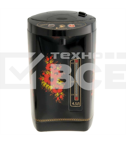 Термопот ВАСИЛИСА ВА-5007 Жостово Объем 4,5 л. Мощность в режиме кипячения 900 Вт. Мощность в режиме поддержания температуры воды 30 Вт. Внутренняя емкость из нержавеющей стали. Вращение корпуса на основании на 360°. Шкала уровня воды. Световые индикаторы