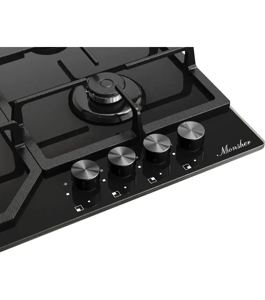 Варочная поверхность MONSHER/ Варочная поверхность MONSHER, газ, High-Tech, 59 см, автоматический электроподжиг, газ-контроль, форсунки под сжиженый газ, SABAF конфорки, чугунные решетки, черный