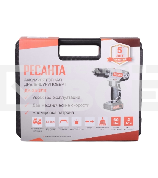 Дрель-шуруповерт аккумуляторная Ресанта ДА-24-2ЛК 75/14/7, Аккумуляторная, 24В, 2 АКБ, Кейс