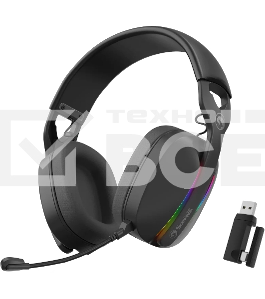 Гарнитура MARVO HG9086W Pulz 70W чёрный, беспроводная + проводная, радиоканал, до 10 ч, съёмный микрофон, подсветка, совместимость с PS5, Xbox