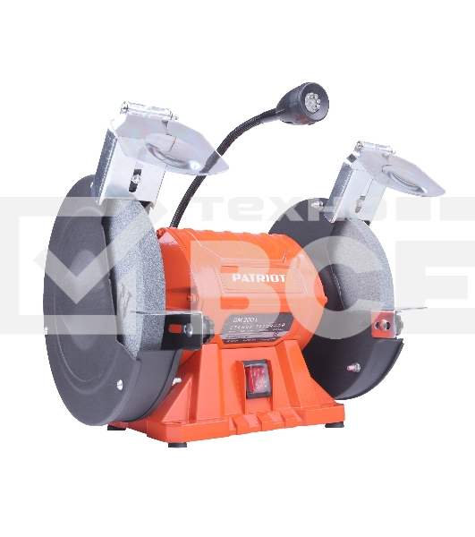 Станок заточной PATRIOT Expert GM 200 L, подсветка, 550Вт, 2980об/мин, 200мм диск, А36/А60 зерн, посадочный 16 мм, асинхронный, адаптер на круги 32 мм