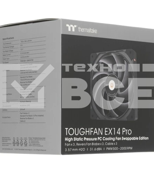 Вентилятор Thermaltake Toughfan EX14 Pro реверсивный 140x140x25mm черный 4-pin 31.6-34.1dB Ret (CL-F172-PL14BL-A)