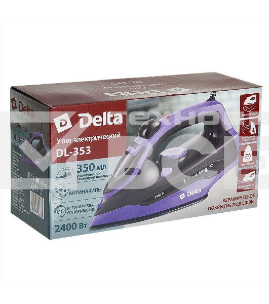 Утюг Delta DL-353 черный с фиолетовым, 2400 Вт, 28 г/мин, 135 г/мин, 350 мл