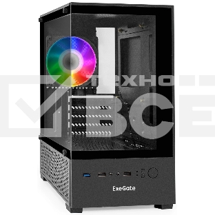 Компьютерный корпус Minitower ExeGate i3 SEA (mATX, без БП, 1*USB+1*USB 3.0, HD аудио, черный, 1 вент. 12см с RGb подсветкой, передняя и боковая панели - закаленное стекло)