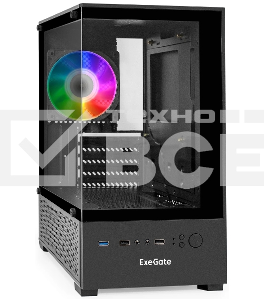 Компьютерный корпус Minitower ExeGate i3 SEA (mATX, без БП, 1*USB+1*USB 3.0, HD аудио, черный, 1 вент. 12см с RGb подсветкой, передняя и боковая панели - закаленное стекло)