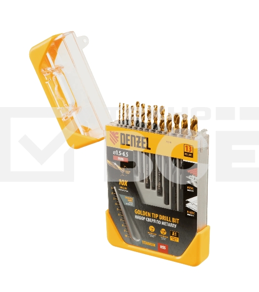 Набор сверл по металлу Denzel 1,5-6,5 мм, HSS-Tin, Golden Tip, 13 шт
