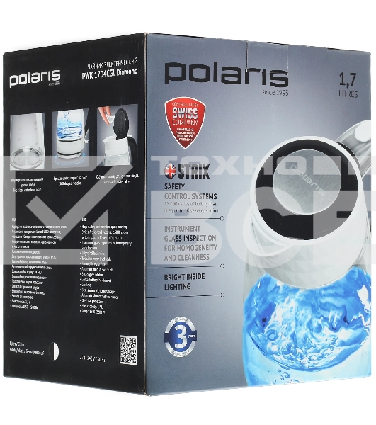 Чайник электрический Polaris PWK-1704-СGL белый/черный, 2200W, 1,7 л, стекло, подсветка