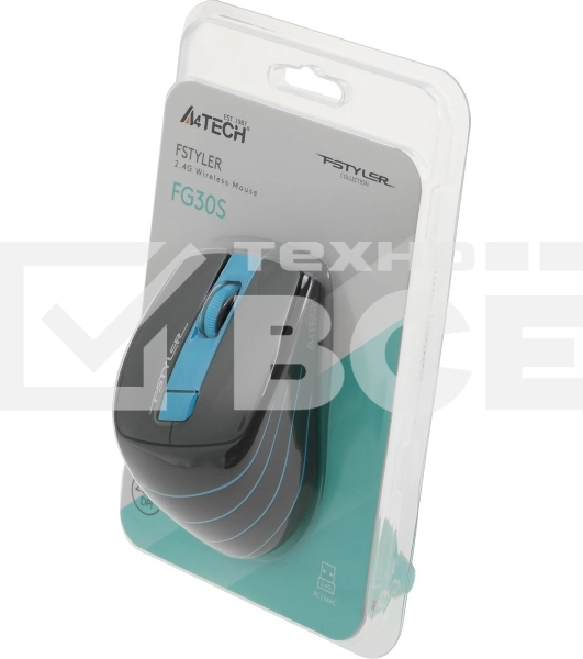 Мышь беспроводная A4Tech Fstyler FG30S серый/синий, 2000 dpi, радиоканал, USB, кнопки - 5
