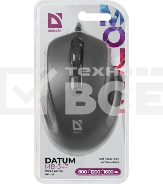 Мышь проводная Defender Datum MB-347 черный, 1600 dpi, USB, кнопки - 4
