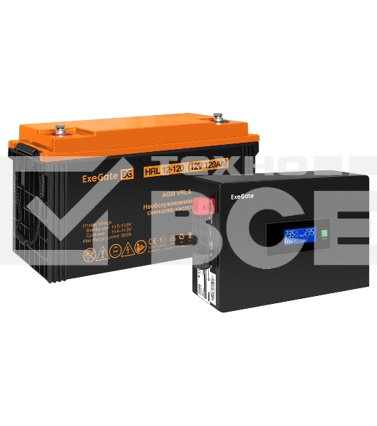 Комплект ИБП EX295992RUS + батарея 120Aч EX285657RUS 1шт (инвертор, синус, для котла, PF=1, настенный) ExeGate IdealSine SR-600.LCD.2SH <600VA/600W, чистая синусоида, цветной LCD-дисплей, 2*Schuko, крепление настенное, Black> + батарея ExeGate HRL 12-120 