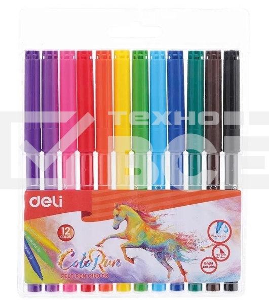 Фломастеры Deli EC10003 ColoRun Вентилируемый 12цв. пакет с европодвесом