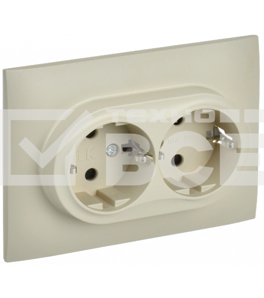 Розетка 2-местная IEK SKANDY SK-R07B (SK-R24-16-K10-F) с заземлением, с защитными шторками 16А в сборе, бежевый
