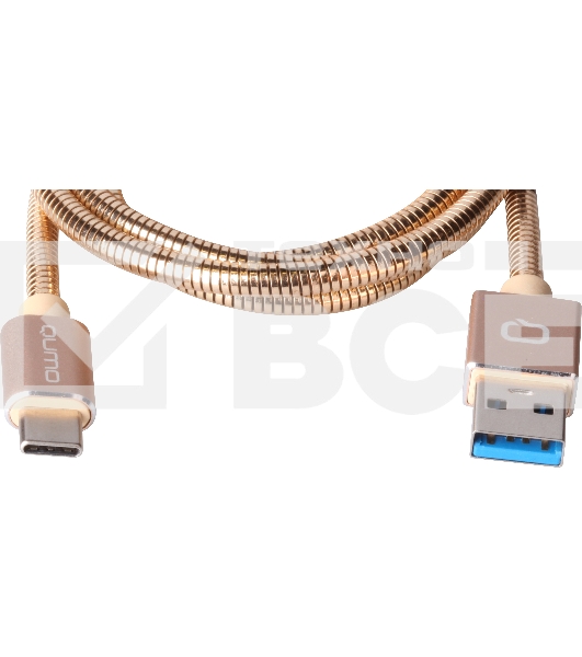 КабельQumo Type-С кабель, 1м, USB 3.0, 5В, 3А, 15Вт, металлическая оплетка, металлический коннектор, золотой