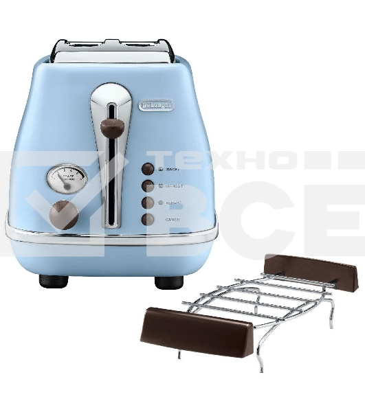 Тостер DeLonghi CTOV 2103.AZ, 900 Вт, на 2 тоста, разморозка, обжаривание, решетка для подогрева, поддон, голубой