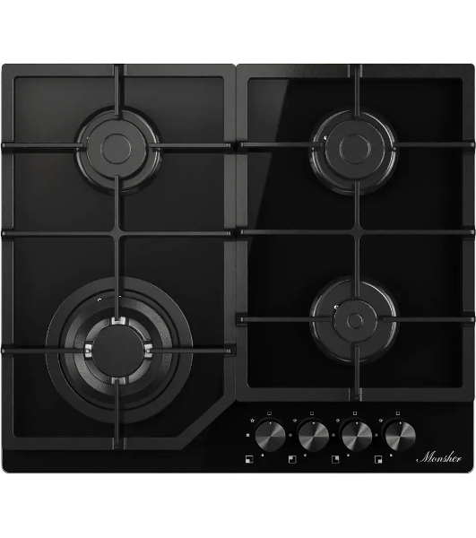 Варочная поверхность MONSHER/ Варочная поверхность MONSHER, газ, High-Tech, 59 см, автоматический электроподжиг, газ-контроль, форсунки под сжиженый газ, SABAF конфорки, чугунные решетки, черный