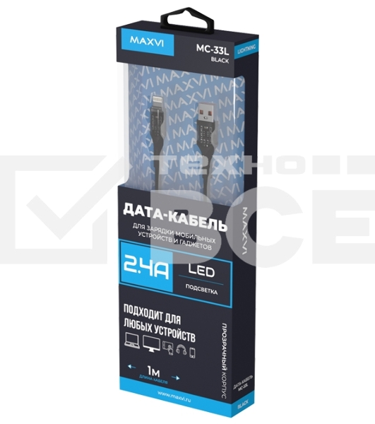 Дата-кабель Maxvi MC-33L USB-Lightning 2.4А, прозрачный корпус, LED подсветка, 1м, черный