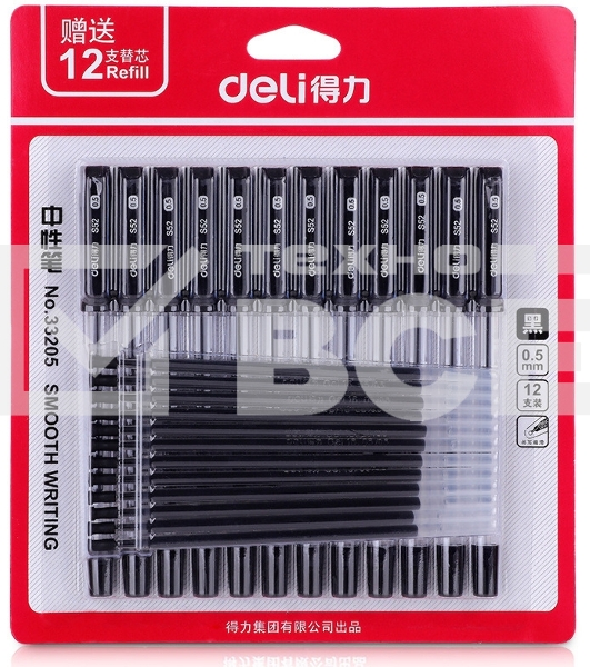 Набор ручек гелевых Deli 33205-BK прозрачный/черный, черные чернила, блистер (12шт), линия 0.5мм, резиновая манжета 12 ручек + 12 сменных стержней