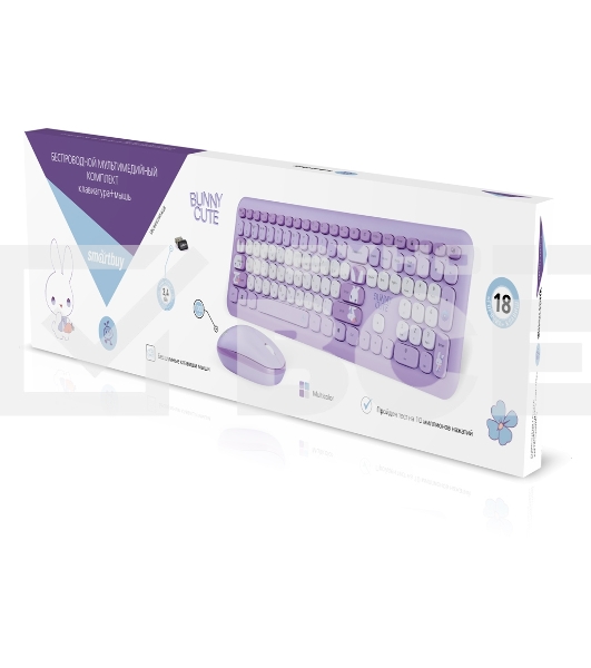 Комплект клавиатура+мышь Smartbuy Cute Bunny беспроводной, USB, 1000 DPI, сиреневый/белый