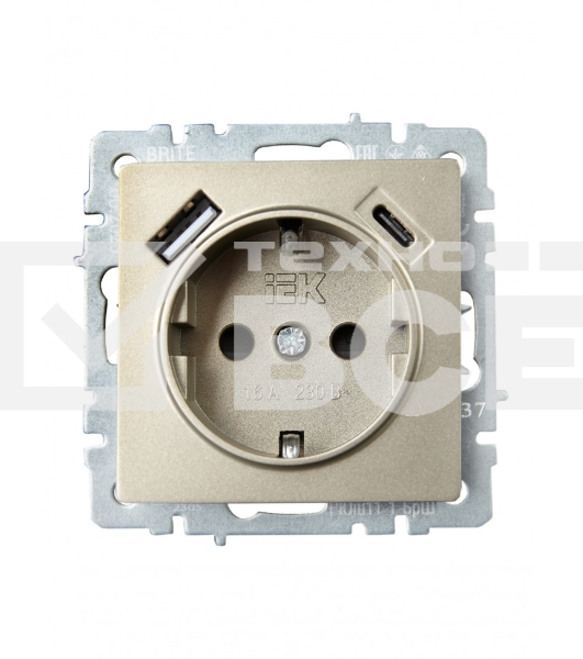Розетка 1-местная IEK BRITE РЮш11-1-БрШ (BR-R14-16-U22-018-K37) с заземлением, с защитными шторками, 16А, с USB A+C 18 Вт, шампань