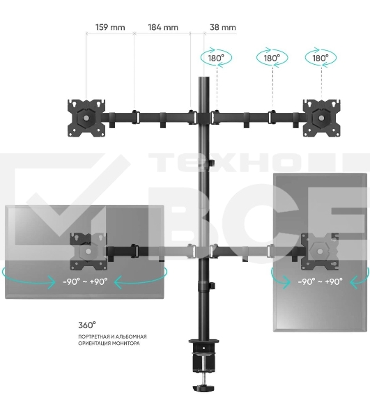 Кронштейн ONKRON D421E для четырех мониторов 13'-32' настольный, черный