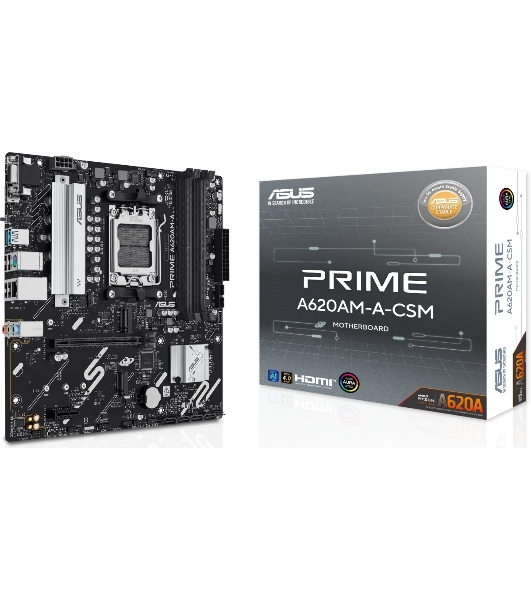 Материнская плата ASUS PRIME A620M-A-CSM, AM5, AMD A620, 4xDDR5, 4xSATA, 2xM.2, 1xPCIe 4.0 x16, 2xPCIe 3.0 x1, 1xVGA, 1xHDMI, 1xDP, 1x1Gb LAN, 2xUSB-A 5Gbps, 4xUSB-A 2.0, 3x3.5 мм, 7.1, mATX