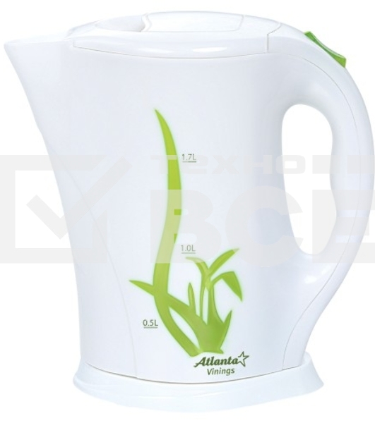 Чайник электрический Atlanta, ATH-2305Тэн, 1,7л, 2000Вт, белый с зеленым, автомат откл при закипании, защита от перегрева воды, фильтр