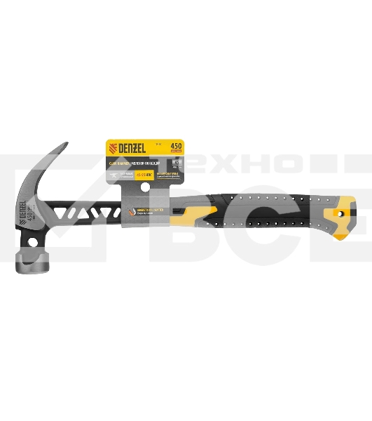 Молоток-гвоздодер Denzel 450 г, цельнокованый, боек с магнитом, двухкомп. обрезин. рук-ка