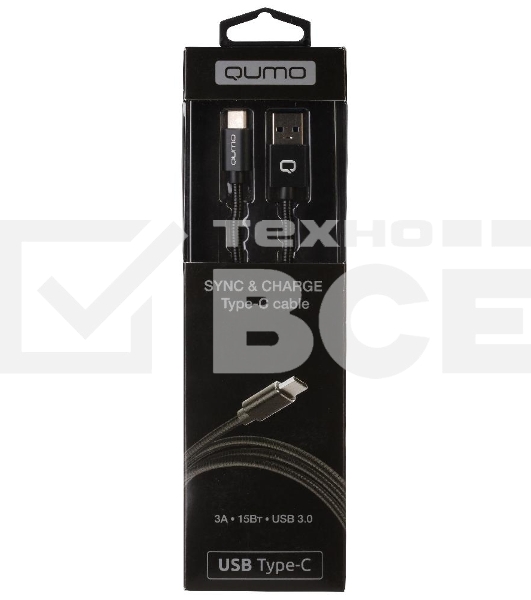 Кабель Qumo Type-С кабель, 1м, USB 3.0, 5В, 3А, 15Вт, металлическая оплетка, металлический коннектор, черный