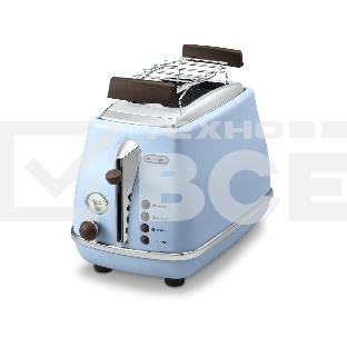 Тостер DeLonghi CTOV 2103.AZ, 900 Вт, на 2 тоста, разморозка, обжаривание, решетка для подогрева, поддон, голубой