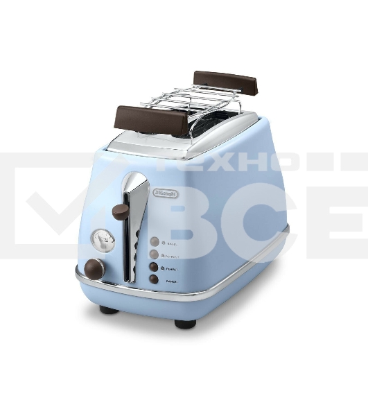 Тостер DeLonghi CTOV 2103.AZ, 900 Вт, на 2 тоста, разморозка, обжаривание, решетка для подогрева, поддон, голубой