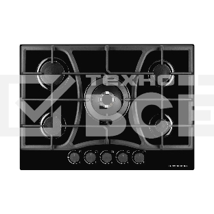 Газовая варочная поверхность Kuppersberg, закаленное стекло, ширина 70 см, 5 газовых конфорок, WOK конфорка(3,8 кВт), автоподжиг, газ-контроль, чугунные решетки, цвет чёрный