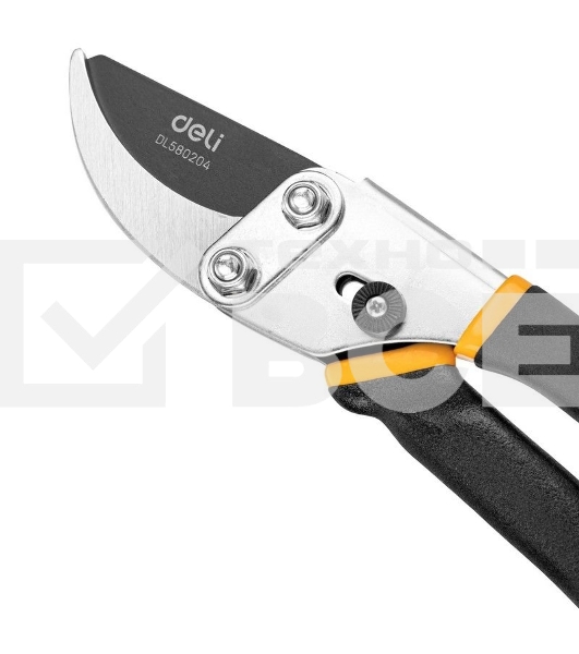 Секатор Deli DL580204 Размер 200 мм. Макс диаметр резки 15 мм. Сталь 55С. Термообработанная поверхность. Тефлоновая уплотнённая пластиковая ручка.