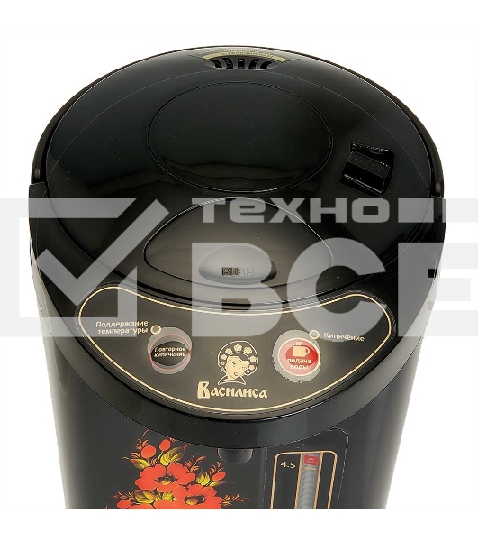 Термопот ВАСИЛИСА ВА-5007 Жостово Объем 4,5 л. Мощность в режиме кипячения 900 Вт. Мощность в режиме поддержания температуры воды 30 Вт. Внутренняя емкость из нержавеющей стали. Вращение корпуса на основании на 360°. Шкала уровня воды. Световые индикаторы
