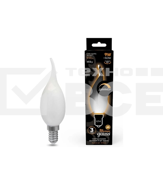 Лампа cветодиодная Gauss Filament Свеча на ветру 9W 590lm 3000К Е14 milky диммируемая LED