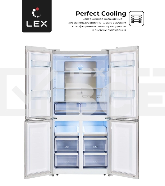 Холодильник LEX LCD505PnGID розовое золото стекло трехкамерный 321/144л морозилка снизу, No Frost, Side by Side