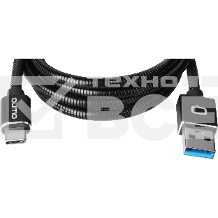 Кабель Qumo Type-С кабель, 1м, USB 3.0, 5В, 3А, 15Вт, металлическая оплетка, металлический коннектор, черный