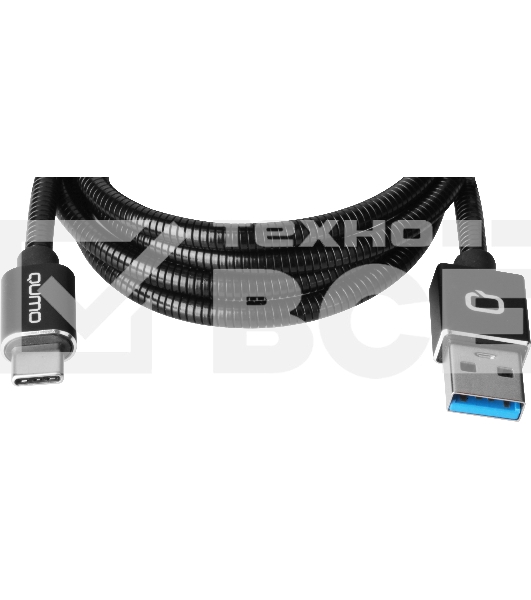 Кабель Qumo Type-С кабель, 1м, USB 3.0, 5В, 3А, 15Вт, металлическая оплетка, металлический коннектор, черный