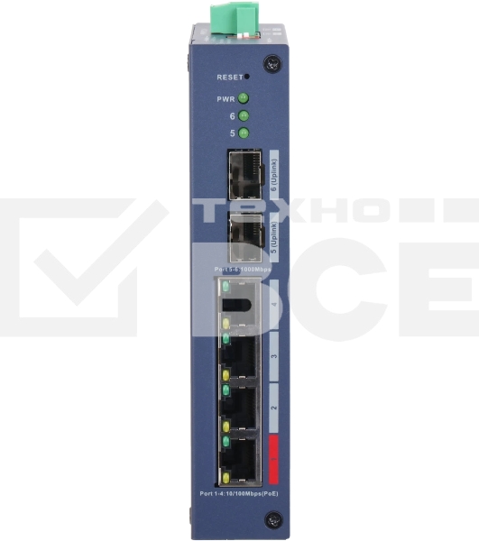 Коммутатор Dahua DH-CHS4206-4ET-90 4-портовый PoE управляемый 4 RJ45 10/100 Мбит/с (PoE/PoE+/Hi-PoE), 2 SFP 1000 Мбит/с (uplink); PoE: порт 1 до 90Вт IP30, IK06; монтаж на DIN-рейку