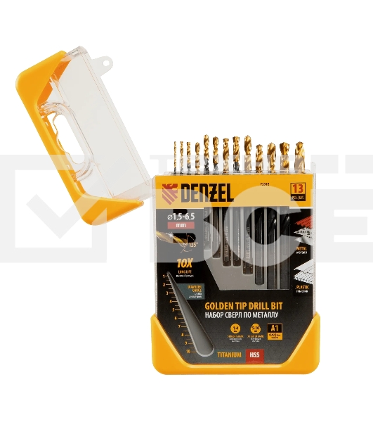 Набор сверл по металлу Denzel 1,5-6,5 мм, HSS-Tin, Golden Tip, 13 шт