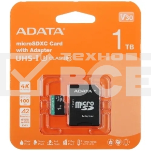 Флеш карта ADATA AUSDX1TUI3V30SA2-RA1, 1Tb microSDXC Class 10 UHS-I U3 V30S A2 100/80 MB/s (SD адаптер)
