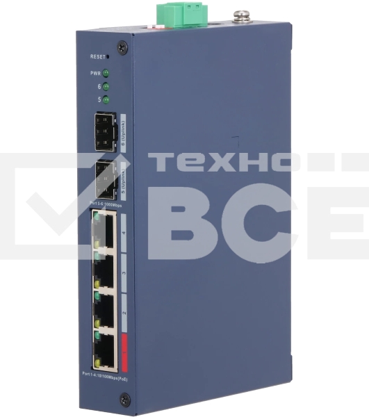 Коммутатор Dahua DH-CHS4206-4ET-90 4-портовый PoE управляемый 4 RJ45 10/100 Мбит/с (PoE/PoE+/Hi-PoE), 2 SFP 1000 Мбит/с (uplink); PoE: порт 1 до 90Вт IP30, IK06; монтаж на DIN-рейку