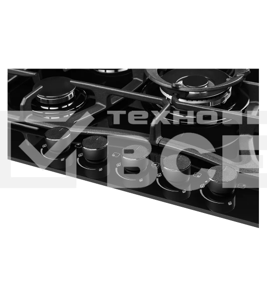 Газовая варочная поверхность Kuppersberg, закаленное стекло, ширина 70 см, 5 газовых конфорок, WOK конфорка(3,8 кВт), автоподжиг, газ-контроль, чугунные решетки, цвет чёрный