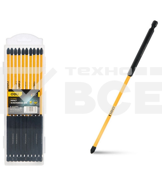 Набор торсионных бит для ударных шуруповертов 10шт Deli DL251200 PH2*200мм, сталь S2, пласт.кейс