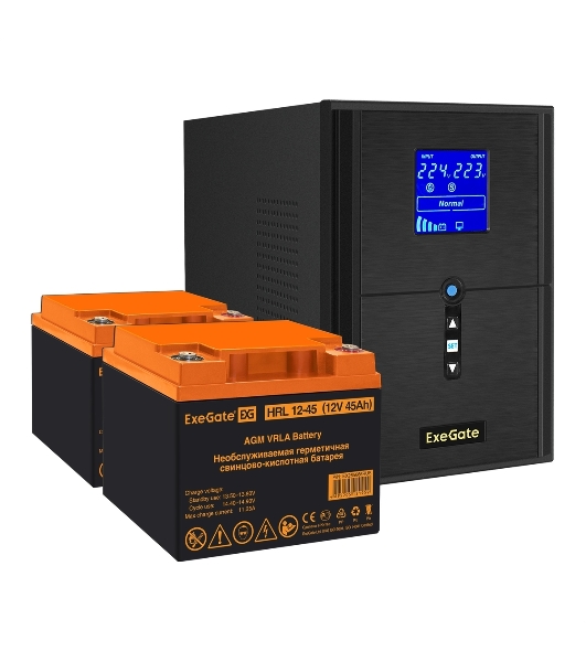 Комплект источника бесперебойного питания Exegate EX295989RUS + батарея 45Aч EX285666RUS 2шт (инвертор, синус, для котла) ExeGate SineTower SZ-2000.LCD.AVR.3SH.1C13.USB <2000VA/1600W, чистый синусоида, LCD дисплей, AVR, 3хSchuko+1хC13, USB, линейно-интерактивный, черный> + батарея ExeGate HRL 12-45 (12В, 45Ач) 2шт