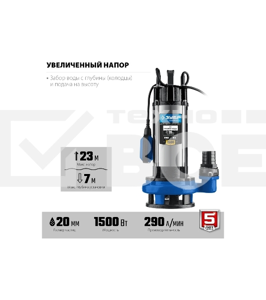 Насос ЗУБР Профессионал НПГ-Т5-1500 дренажный с большим напором, 1500 Вт