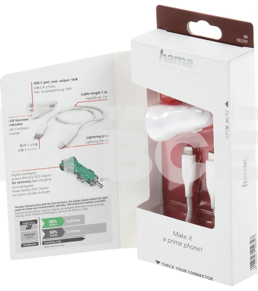 Комплект зарядное устройство Hama H-183297 3A PD для Apple кабель Apple Lightning/Type-C белый