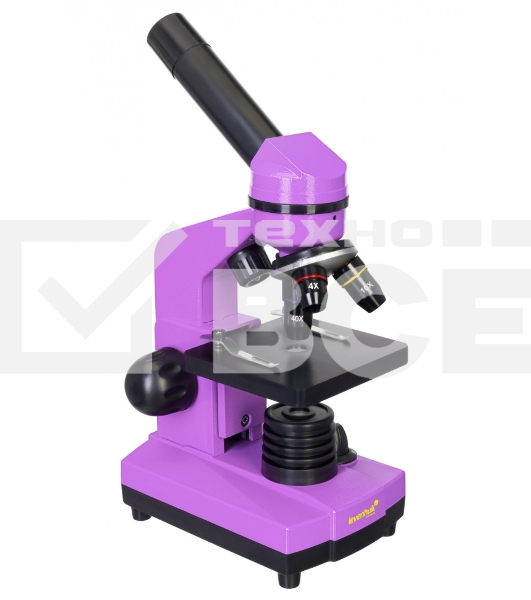 Микроскоп Levenhuk RAINBOW 2L AMETHYST/Аметист Микроскоп с предметным столиком, трехгнездным револьвером, фокусировочным механизмом, двумя источниками света с регулировкой яркости Монокулярная насадка Объективы: 4х, 10х, 40х, Увеличение микроскопа: 64-640