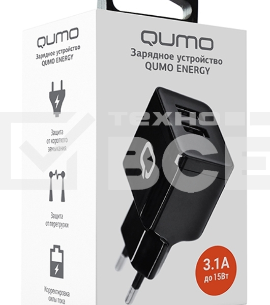 Сетевое зарядное устройство Qumo Energy (Charger 0061), 2 USB, 3.1A, черный