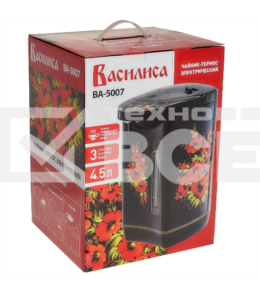 Термопот ВАСИЛИСА ВА-5007 Жостово Объем 4,5 л. Мощность в режиме кипячения 900 Вт. Мощность в режиме поддержания температуры воды 30 Вт. Внутренняя емкость из нержавеющей стали. Вращение корпуса на основании на 360°. Шкала уровня воды. Световые индикаторы